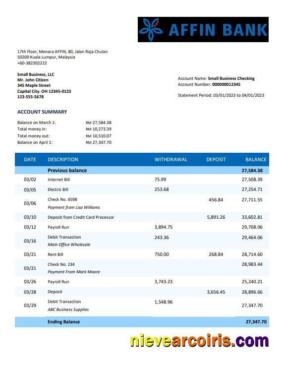 Affin Bank company checking account statement